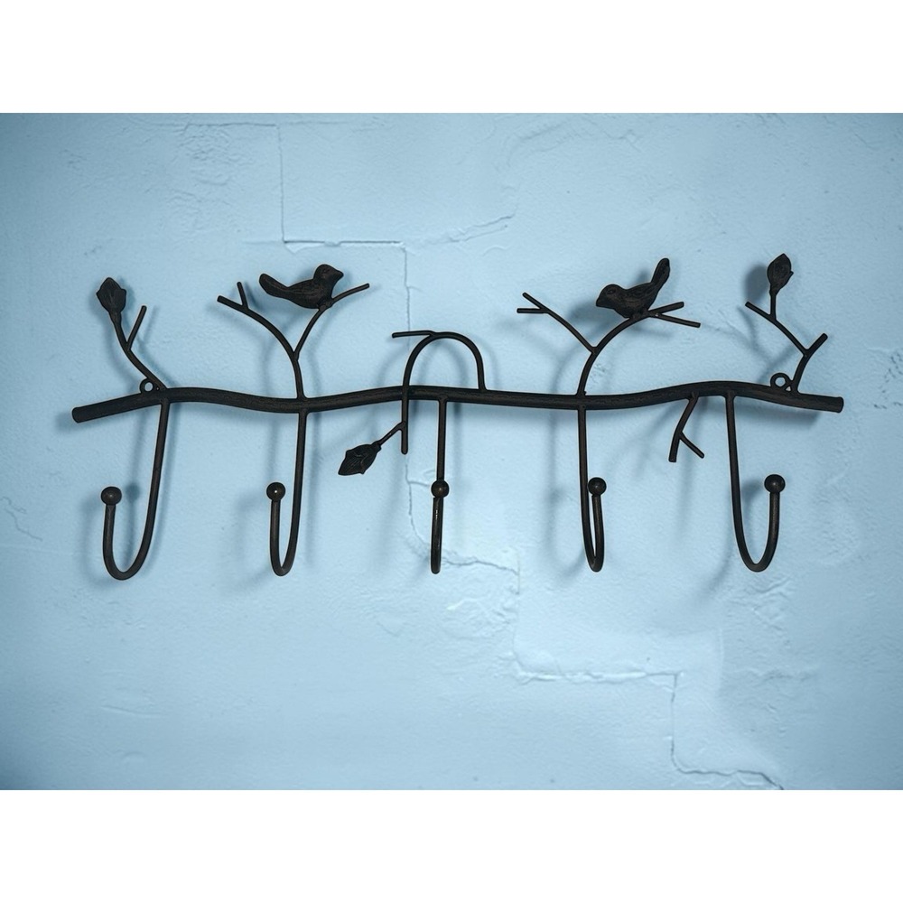 Wrought Iron Black Branch Wall with Bird Design, Rustic Style, 5 Hooks